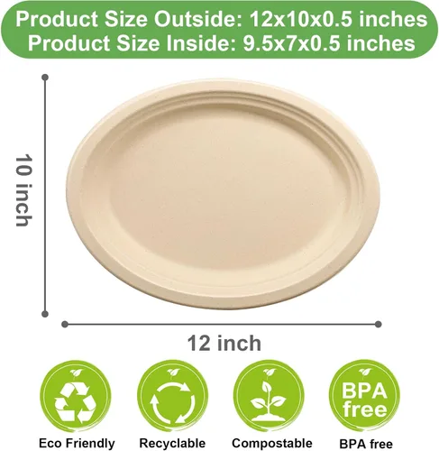 Vista 3 de Platos de papel marrón ecológicos de 12 pulgadas, paquete de 100 platos de cena ovalados compostables resistentes