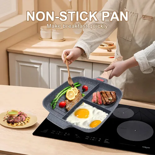 Vista 6 de Sartén Seccional, Sartenes de Parrilla para Estufas Antiadherentes de 3 Secciones Sartén para Desayuno Sartén para Comidas Plancha Sartén Dividida