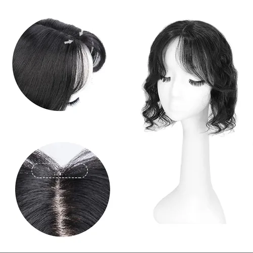 Vista 5 de Peluca de cabello humano rizado tipo tupé para mujer con flequillo lateral/flecos que añaden volumen al cabello, base de seda de 5 x 5 pulgadas