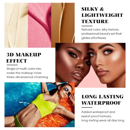 Vista 5 de Kit de contorno en crema de 3 piezas, rubor crema, iluminador, bronceador de contorno para mejillas, impermeable, de larga duración, mezclable, trío