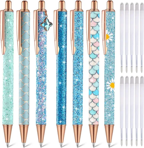 Vista 20 de Sherr 7 bolígrafos elegantes para mujer, lindos bolígrafos de purpurina brillantes con 10 recambios de tinta negra, bonitos regalos para niñas