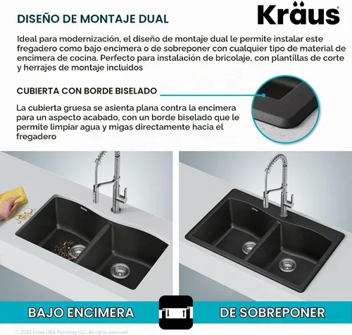 Vista 7 de Kraus Forteza - Fregadero de cocina de doble seno 50/50 de granito de instalación empotrada/sobre encimera, 33 pulgadas, color negro (KGD-52BLACK)
