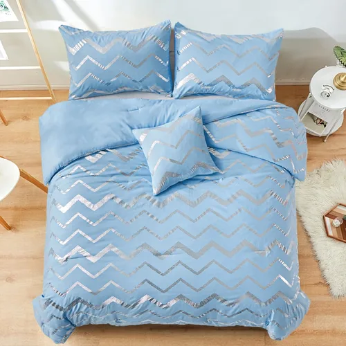 Vista 3 de Menghomeus Juego de edredón azul/plateado tamaño Twin/Twin XL, estampado metálico con purpurina, edredón de cama bonito y brillante, juegos de ropa