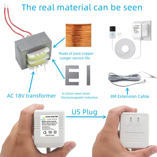 Vista 4 de Transformador de corriente especial para timbre de video, adaptador de corriente de 18V500MA para timbre Ring, compatible con Ring, Nest, Eufy