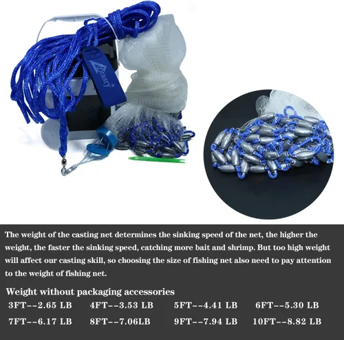 Vista 4 de Drasry Saltwater Fishing Cast Net for Bait 3/8 1/4 or 1/2 with Heavy Sinkers Fish Trap Throw Net. Size 3ft/4ft/5ft/6ft/7ft/8ft/9ft/10ft Radius