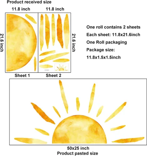 Vista 5 de (127 cm X 63.5 cm) Calcomanía de Pared de Medio Sol Extra Grande de Estilo Boho, Calcomanías de Sol para Pared, Adhesivos de Pared de Sol