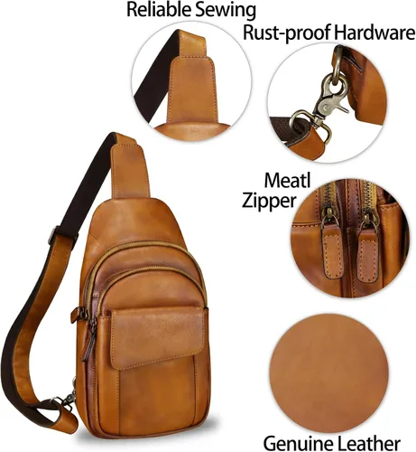 Vista 6 de LRTO Bolso de cuero genuino para hombres y mujeres retro de cuero real bandolera bandolera bandolera bolso de pecho