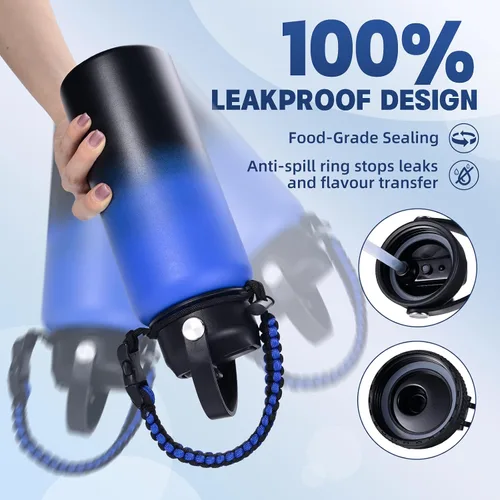 Vista 7 de Botella de Agua Aislada, botellas de agua de boca ancha de acero inoxidable de 32 onzas con 2 tapas a prueba de fugas y mango de paracord, botella