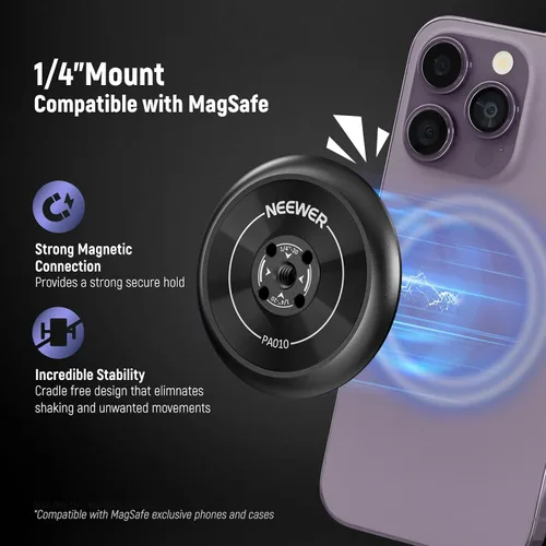 Vista 2 de NEEWER Soporte magnético para teléfono trípode con adaptador de rosca de 1/4" compatible con iPhone MagSafe, palo selfie para 15 Pro Max 15 Plus 14