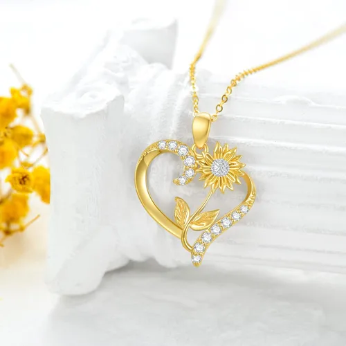 Vista 10 de Collar de flor de nacimiento de oro real de 14 quilates para mujer, oro amarillo creado moissanita con colgante de corazón, collares