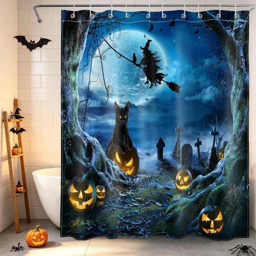 Vista 20 de LB Cortina de ducha espeluznante de Halloween, árbol muerto espeluznante con tela de araña de murciélago, cortina de ducha de baño con temática
