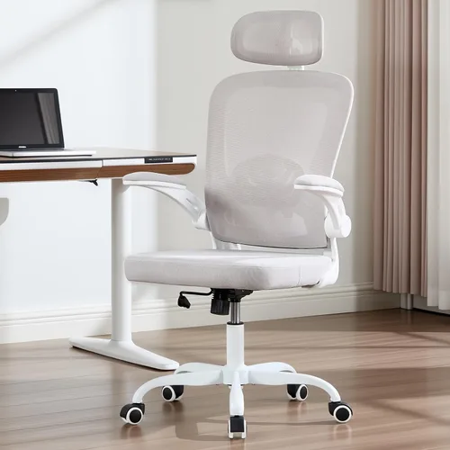 Vista 10 de Silla de oficina ergonómica con soporte lumbar ajustable 3D, respaldo alto de malla, reposacabezas giratorio de 75°, función mecedora, capacidad