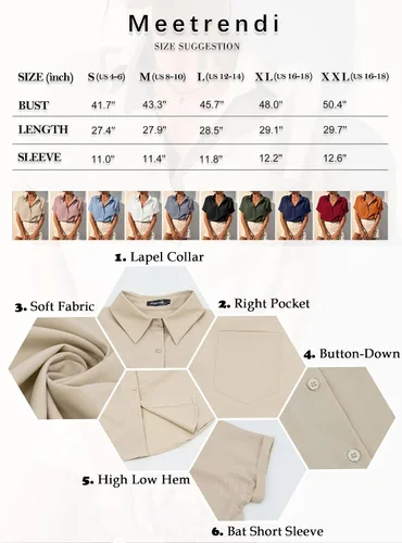Vista 5 de Meetrendi Camisas con botones para mujer, blusa sólida de manga corta de murciélago con bolsillos