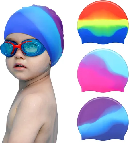 Vista 9 de Sintuff 3 Pcs Kids Swim Caps Toddlers Swimming Caps Silicone Swim Cap for Boys Girls (Age 4-12) Baby Waterproof Cartoon Bathing Hats for Long and