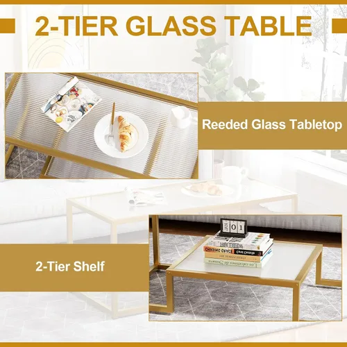 Vista 5 de Mesa de café Wolawu Mesa de café dorada de vidrio para sala de estar, mesa de centro rectangular de 2 niveles con tapa de vidrio acanalada y marco