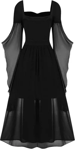 Vista 3 de FlekmanArt Vestido punk gótico medieval irlandés para mujer, disfraz de Halloween, hombros descubiertos, vestido de manga de mariposa