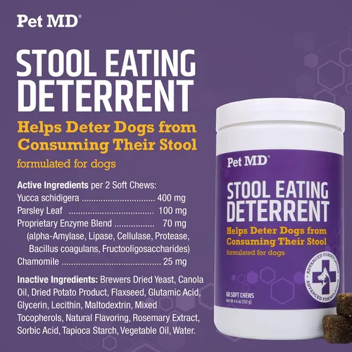 Vista 5 de Pet MD Taburete Disuasorio para Perros - Deja de comer caca para perros - 60 unidades Coprophagia Dog Deterrent with Enzymes, Herbs, & Prebiotics