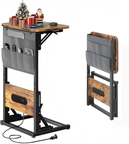 Vista 10 de HLDIRECT - Mesa auxiliar en forma de C con estación de carga, mesa lateral para sofá con bolsa de almacenamiento, bandeja para TV ajustable