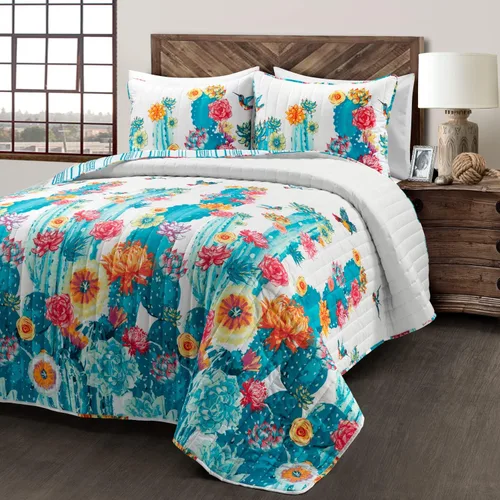 Vista 5 de Lush Decor Southwest Vibrant Cactus - Juego de edredón reversible de 3 piezas, tamaño matrimonial/queen, turquesa y naranja