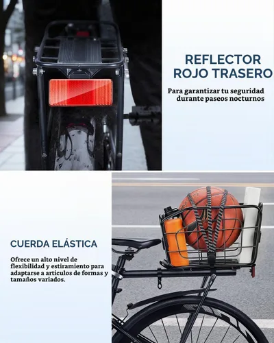 Vista 4 de Cesta trasera para bicicleta, estante de carga de aluminio para bicicleta, cesta de bicicleta de capacidad de 22 litros, plegable y extraíble