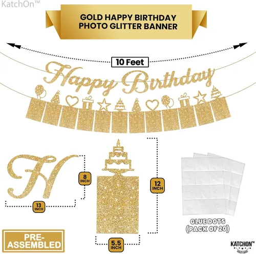Vista 4 de KatchOn, Cartel de fotos de feliz cumpleaños dorado con purpurina – Prestrung, 2 cuerdas, 10 pies Cartel de feliz cumpleaños con foto