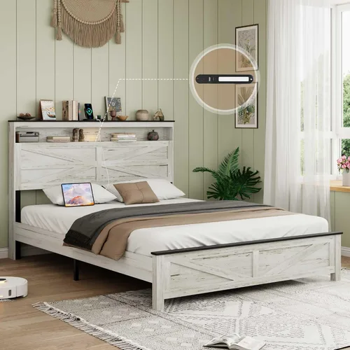 Vista 3 de Base de cama de madera de pino con estante de cabecera de carga de luces, cama de plataforma de tamaño matrimonial, color blanco rústico y gris, sin