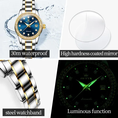 Vista 6 de OLEVS Reloj automático para mujer, con diamantes de moda, de lujo, mecánico, de acero inoxidable, para mujer, luminoso, resistente al agua