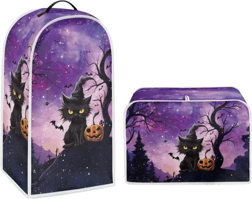 Vista 43 de Juego de fundas para tostadora y licuadora, árbol de gato negro, calabaza, casual, lavable, para cafetera, accesorios de cocina, Halloween, pequeño