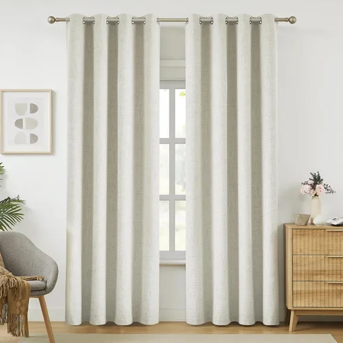 Vista 11 de Cortinas opacas de lino beige Melodieux de 63 pulgadas de largo para dormitorio, sala de estar, 100% cortinas con ojales para bloquear la luz