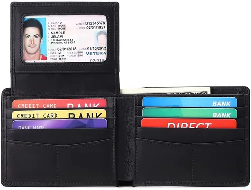 Vista 2 de GOIACII - Elegante cartera de cuero genuino para hombre, tarjetero espacioso con bloqueo RFID, doble blando, 2 tarjetas de identificación
