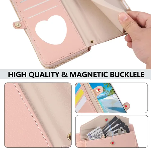 Vista 38 de Asuwish Funda de teléfono para Samsung Galaxy S23 5G con cremallera, funda para celular con protector de pantalla, correa para el hombro, espejo