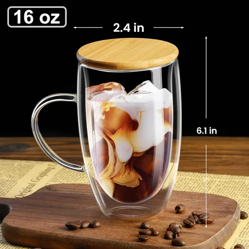 Vista 2 de PARACITY Tazas de café de vidrio de doble pared de 16 onzas con tapa