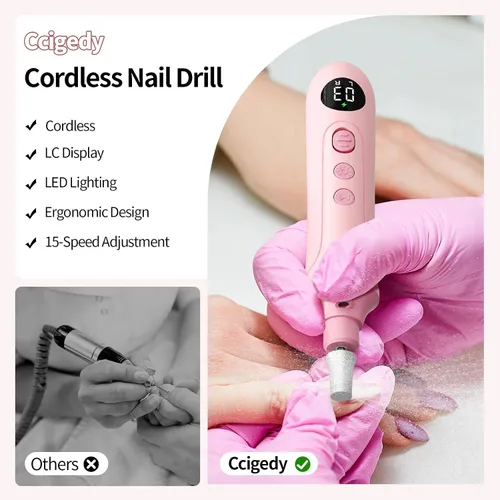 Vista 5 de Ccigedy Taladro eléctrico de uñas, lijadora profesional inalámbrica con pantalla LCD y lámpara, amoladora de uñas recargable para mujeres, kit