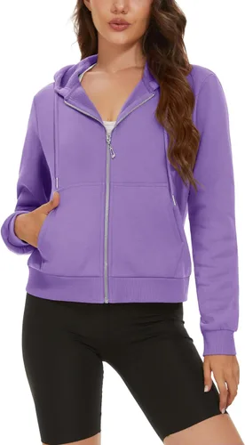 Vista 2 de MAGCOMSEN Sudadera corta con capucha para mujer, forro polar, con cremallera completa, con bolsillos