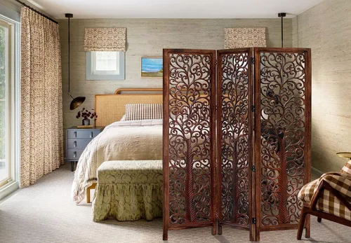 Vista 3 de Biombo Divisor de Habitación de Madera - Árbol Arbor Marrón Antiguo - Hecho a Mano 60 x 72 pulgadas Tres Paneles Plegables - Pantalla Decorativa