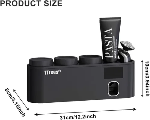 Vista 4 de Desinfectante para cepillos de dientes, soporte autoadhesivo para cepillos de dientes con 3 tazas, dispensador exprimidor automático de pasta
