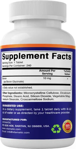 Vista 8 de Vitamatic Boro quelado (como glicinato) 10 mg 240 tabletas - Apoya el equilibrio hormonal, la salud ósea y el tejido conectivo