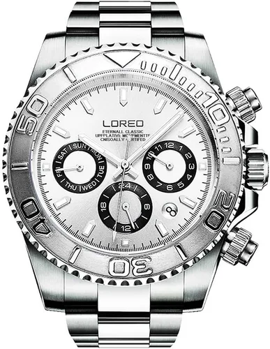 Vista 13 de LOREO Reloj Automático para Hombre de Acero Inoxidable Plateado con Cristal de Zafiro, Bisel de Cerámica, Fecha, Militar, de Buceo, Impermeable Negro