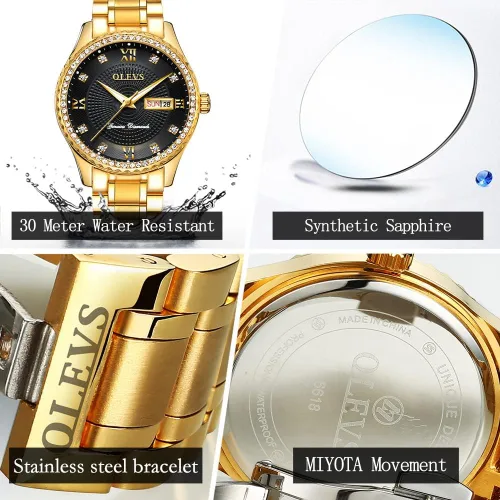 Vista 54 de OLEVS - Relojes de diamantes para hombres, relojes de vestir a prueba de agua, relojes analógicos de cuarzo de lujo con calendario de fecha y correa