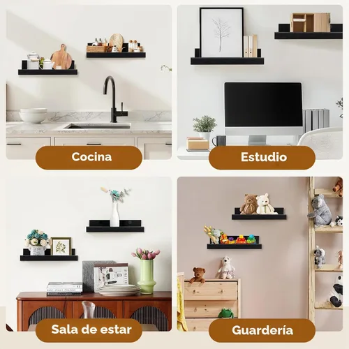 Vista 6 de Muzilife Estantes flotantes pequeños de madera de 12 pulgadas con labio, 2 Negro