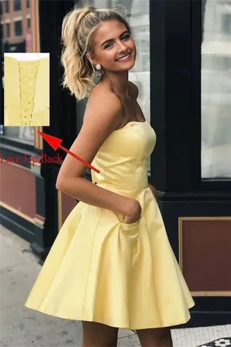 Vista 4 de Vestidos de fiesta formales sin tirantes de satén con bolsillos para adolescentes