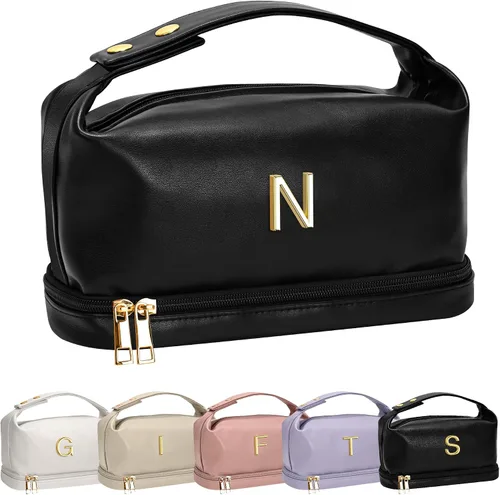 Vista 48 de Bolsa de maquillaje con asa, bolsa de cosméticos impermeable de doble capa, bolsas de maquillaje de cuero PU de gran capacidad con letra, bolsa