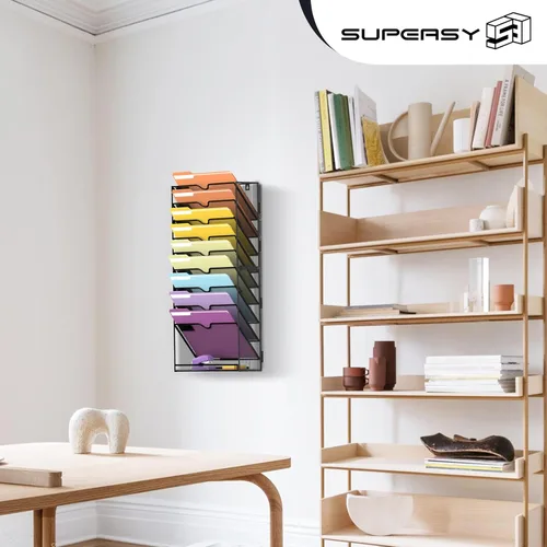 Vista 7 de SUPEASY Organizador de archivos de pared con 10 niveles para colgar papeles, carpetas, archivos, portafolios y revistas; ideal para oficina y hogar