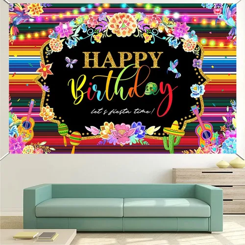 Vista 5 de Fondo de fotografía de fondo de fiesta mexicana para fiesta de cumpleaños feliz cumpleaños suministros de fiesta carnaval banderas coloridas banner