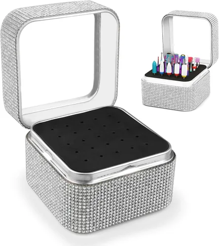 Vista 13 de Cellentool Caja de Rhinestone para Brocas de Uñas - Caja de Almacenamiento Portátil a Prueba de Polvo con 25 Agujeros, Organizador para Brocas