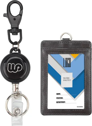 Vista 2 de Wisdompro, sujetador de documento de identidad de piel de PU de dos caras, riel retráctil y anillo para llave. Vertical