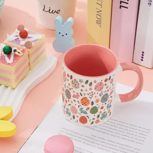Vista 3 de JarThenaAMCS Taza de té de cerámica con diseño de conejo y huevo de Pascua, taza de café rosa para fiesta de primavera, hogar, escuela, oficina