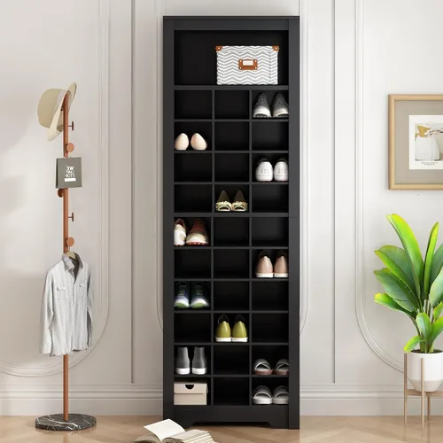 Vista 13 de Gabinete de zapatos de 24 compartimientos, armario de almacenamiento de zapatos, armario organizador de zapatos con base curva, aparador versátil