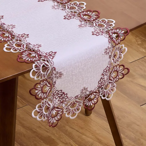 Vista 9 de Camino de mesa de lino de encaje rojo oscuro blanco de 36 pulgadas de largo, bufanda de aparador claret, decoración de mesa para Navidad, cocina