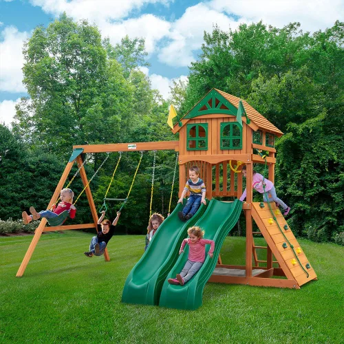 Vista 2 de Gorilla Playsets 01-1087 Avalon - Juego de columpios de madera con techo de madera, dos toboganes, pared de escalada, escalera y columpios, cedro